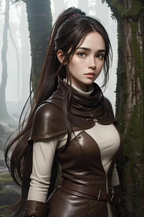 A 30 years old female traveler in a fantasy setting. Concerned. Sympathic. Slim body. Soft breasts. Wide hips. Thick legs. Face: Extremly pale skin with liverspots and freckles. Soft narrow face with a round chin. Soft small jaw. Big forehead. Very thin ba...