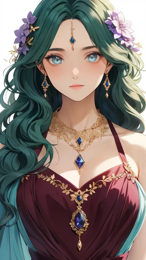 1girl, (pale aqua blue eyes) (lilac around the pupils of the eyes), dark forest green hair, pale skin, soft blush makeup, long wavy hair, hexagon-shaped emerald necklace, elegant dress with burgundy satin fabric, dress with gold border, anime, 2D, detailed...