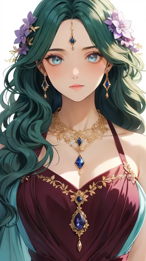 1girl, (pale aqua blue eyes) (lilac around the pupils of the eyes), dark forest green hair, pale skin, soft blush makeup, long wavy hair, hexagon-shaped emerald necklace, elegant dress with burgundy satin fabric, dress with gold border, anime, 2D, detailed...