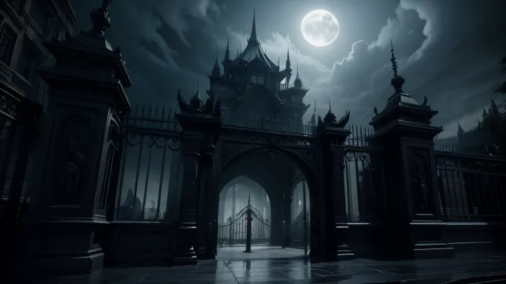 a large ornate palace gates, dramatic lighting, dark color palette, moody and cinematic atmosphere, digital art, concept art, intricate architecture, detailed stone carvings, looming towers, imposing columns, wrought iron gates, gloomy sky, moonlight, atmo...