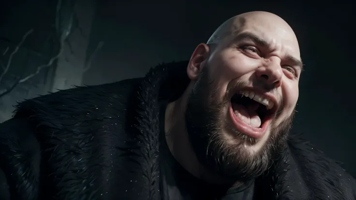 a fat evil king laughing, evil laugh, bald, detailed facial features, long beard, cold eyes, dramatic lighting, dark color palette, moody atmosphere, cinematic composition, digital art, concept art, 