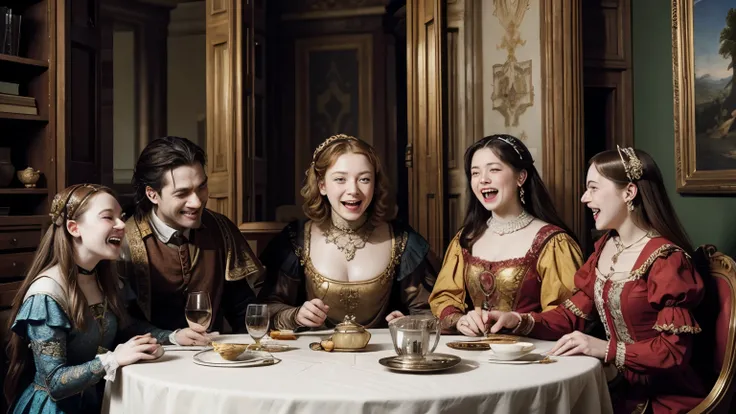 group of Renaissance nobles laughing maliciously, 