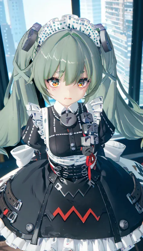 Draw the whole body、 maid clothes、green hair, Twin Tails, There is a kuma、wavy mouth 