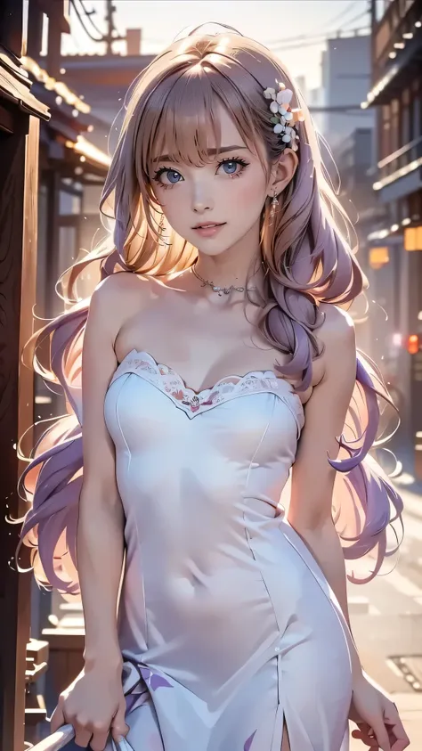 (highest quality, 8k, 4k, High resolution, masterpiece:1.2), Super detailed, beautiful illustrations, Bright colors, Lens flare, natural light, one person, woman, beautiful face details, beautiful eyes, long eyelashes, soft lips, (small face), (light purpl...