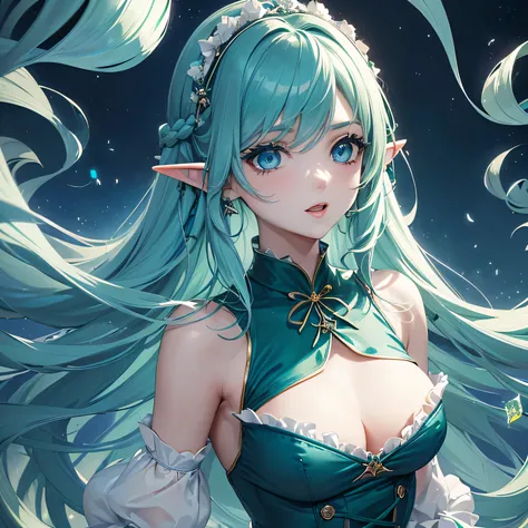 1 fille,Le sens de Depp,confuseD,Attraper la lumière,Superbe illustration,(EmeralD Blue,Longues coiffures:1.3),turn arounD,eye shaDow,(Vêtements jaune-vert,Gothic Lolita),Upper boDy,;D,beautiful anD Delicate flowing hair,(Delicate anD DetaileD Deep cobalt ...