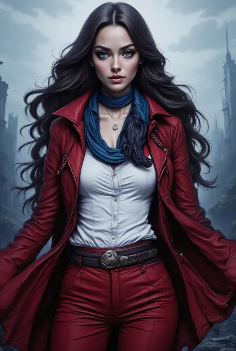 (black and white art: 1.5) mostly black and white, , a picture of a beautiful woman, long hair hair, blue eyes, wearing red trench coat, wearing a skirt, wearing white button shirt, wearing a blue scarf, it is cloudy day (only colors are the coat and the e...