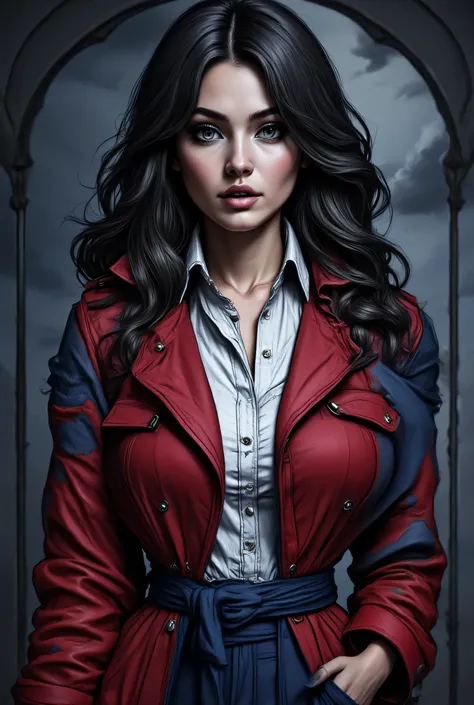 (black and white art: 1.5) mostly black and white, , a picture of a beautiful woman, long hair hair, blue eyes, wearing red trench coat, wearing a skirt, wearing white button shirt, wearing a blue scarf, it is cloudy day (only colors are the coat and the e...