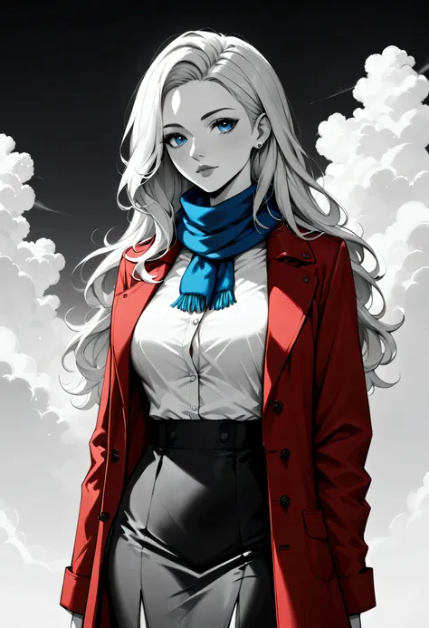 score_9, score_8_up, score_7_up, score_6_up, score_5_up, score_4_up, b(black and white art: 1.5) mostly black and white, , a picture of a beautiful woman, long hair hair, blue eyes, wearing red trench coat, wearing a skirt, wearing white button shirt, wear...