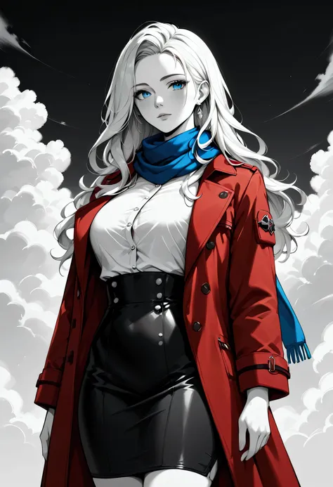 score_9, score_8_up, score_7_up, score_6_up, score_5_up, score_4_up, b(black and white art: 1.5) mostly black and white, , a picture of a beautiful woman, long hair hair, blue eyes, wearing red trench coat, wearing a skirt, wearing white button shirt, wear...