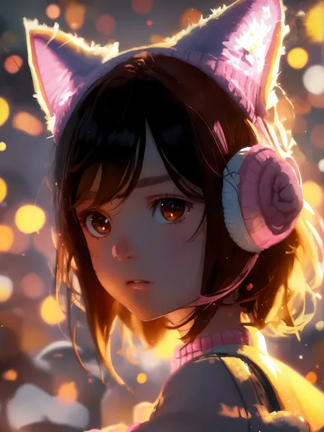 Anime girl wearing sparkly cat ears 
- A soft, pale pink sweater with tiny white cat faces 
- A flowy, pastel rainbow skirt with layers of netting underneath 
- White knee-high socks with little purple bows 
- Pink sneakers shaped like cat paws 
- A cute, ...