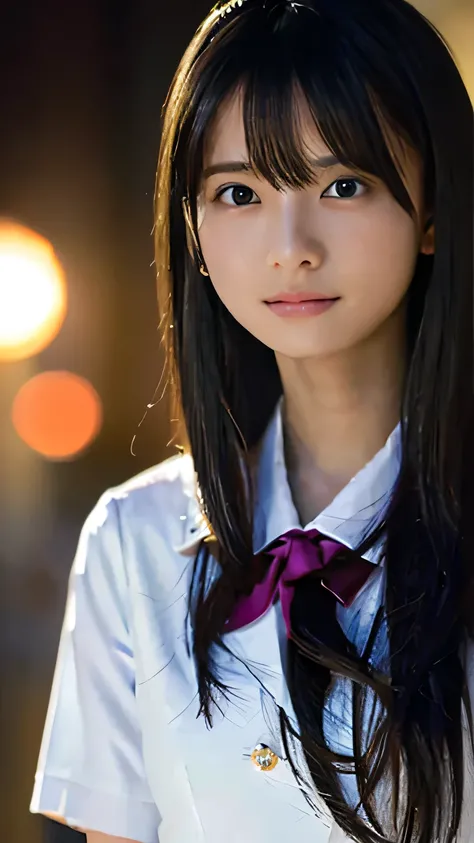 Highest quality,4K,8k,High resolution,masterpiece:1.2,Very detailed,A girl exuding fatigue,long, flowing black hair,Delicate features,Thinking eyes,White skin,Happy expression,Great atmosphere,Wearing a uniform、Gazing into the distance,,Romantic atmosphere...