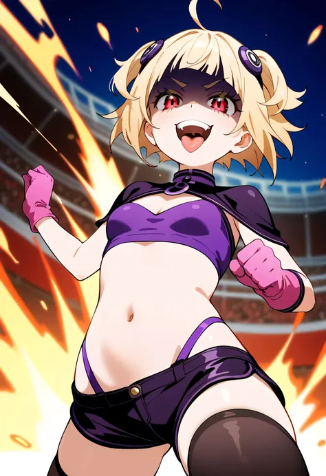 masterpiece, best quality, good quality, newest, CEL, AnFit, red eyes, blonde hair, purple crop top, 1girl, tongue out, black thighhighs, looking at viewer, purple gloves, cowboy shot, short shorts, latex shorts, small breasts, highleg panties, hair orname...