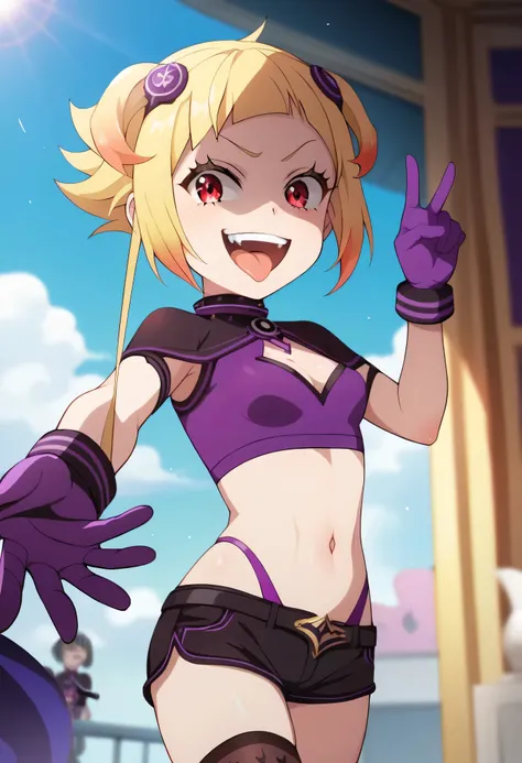 masterpiece, best quality, good quality, newest, CEL, AnFit, red eyes, blonde hair, purple crop top, 1girl, tongue out, black thighhighs, looking at viewer, purple gloves, cowboy shot, short shorts, black shorts, small breasts, highleg panties, hair orname...