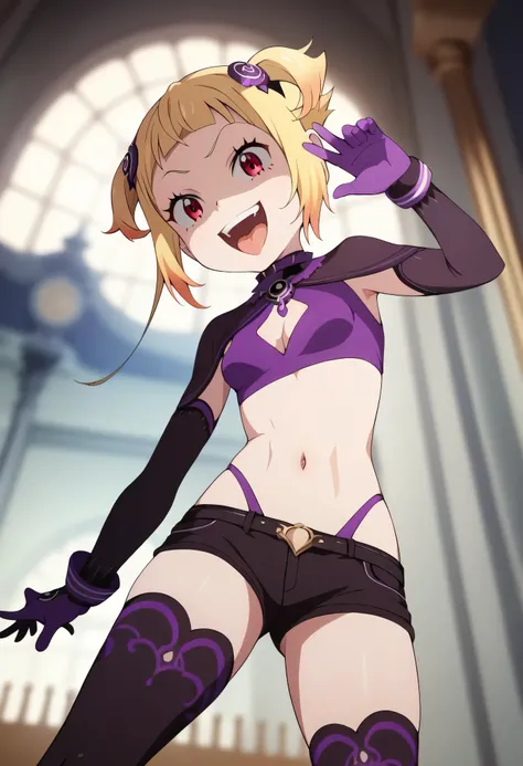 masterpiece, best quality, good quality, newest, CEL, AnFit, red eyes, blonde hair, purple crop top, 1girl, tongue out, black thighhighs, looking at viewer, purple gloves, cowboy shot, short shorts, black shorts, small breasts, highleg panties, hair orname...