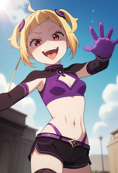 masterpiece, best quality, good quality, newest, CEL, AnFit, red eyes, blonde hair, purple crop top, 1girl, tongue out, black thighhighs, looking at viewer, purple gloves, cowboy shot, short shorts, black shorts, small breasts, highleg panties, hair orname...