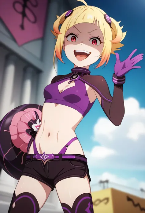 masterpiece, best quality, good quality, newest, CEL, AnFit, red eyes, blonde hair, purple crop top, 1girl, tongue out, black thighhighs, looking at viewer, purple gloves, cowboy shot, short shorts, black shorts, small breasts, highleg panties, hair orname...