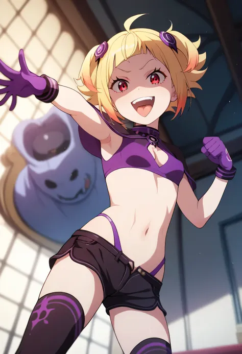 masterpiece, best quality, good quality, newest, CEL, AnFit, red eyes, blonde hair, purple crop top, 1girl, tongue out, black thighhighs, looking at viewer, purple gloves, cowboy shot, short shorts, black shorts, small breasts, highleg panties, hair orname...