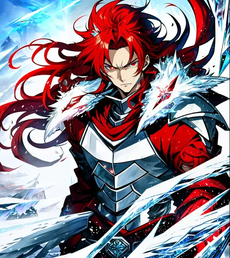 Anime characters with long red hair and red eyes in snowy landscapes, Ice Mage,Tall anime guy with red eyes,  Key anime art, male anime character, Ice crystal armor, Detailed key anime art, full portrait of magical knight, Red coat, with ice powers