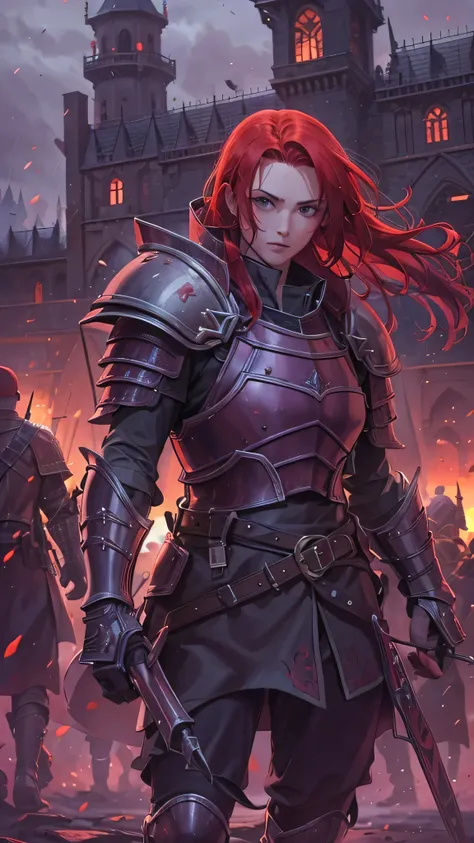 Red Hair, Purple Armor, light bearer warriors, Medieval town,  dark, battlefield, amazing, war,  surrealist , 8k,  super detailed , war, battlefield against demons,  darkness,  horror, rain