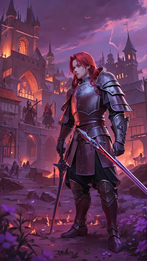 Red Hair, Purple Armor, light bearer warriors, Medieval town,  dark, battlefield, amazing, war,  surrealist , 8k,  super detailed , war, battlefield against demons,  darkness,  horror, 