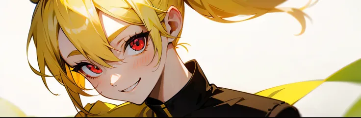 One woman 、 Yellow Hair 、 、 ponytail、Beautiful red eyes、 wicked smile、 upper body closeup