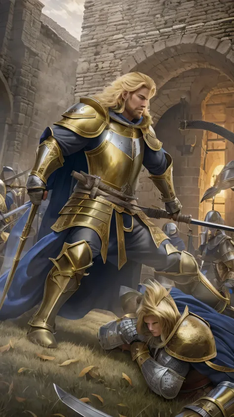  in high-definition images，lion heart、 blond hair, Gold Armor, Fighting Man、light bearer warriors, Medieval town,  dark, battlefield, amazing, war,  surrealist , 8k,  super detailed , war, battlefield against demons,  darkness,  horror,