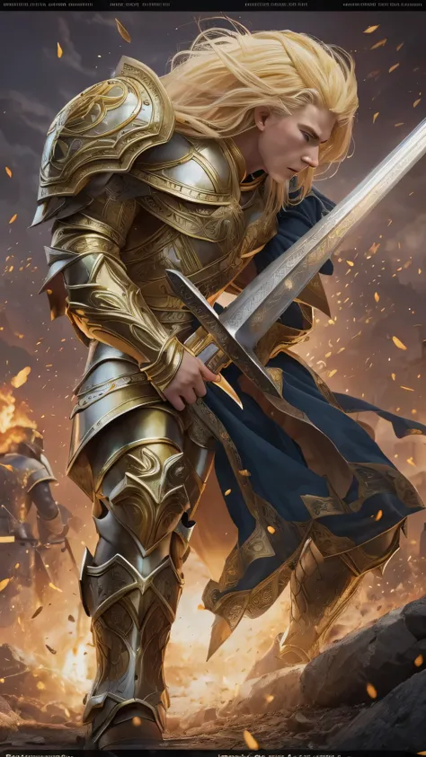  in high-definition images，lion heart、 blond hair, Gold Armor, Fighting Man、light bearer warriors, Medieval town,  dark, battlefield, amazing, war,  surrealist , 8k,  super detailed , war, battlefield against demons,  darkness,  horror,