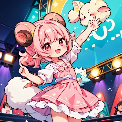 An anime-style close-up illustration of ‘Fua-chan’ excitedly waving a glowing penlight in the audience at a live concert. Fua-chan has long pink hair styled(( in soft curls resembling sheep’s horns, ))and her pink eyes sparkle with joy and excitement. She ...