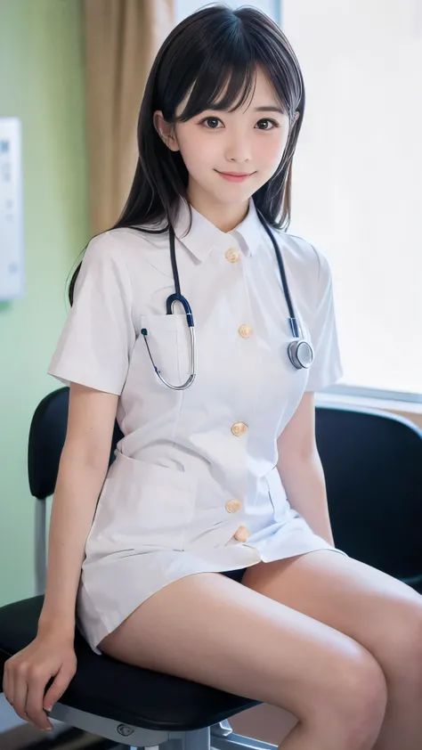 (Close-up face shot of one slender small breasts two side up black medium hair with bangs girl in a white nurse uniform:1.5)、(One nurse measuring blood pressure in the hospital room with small smile:1.5)、(blurred background:1.5)、(Natural light:1.5)、(High-k...