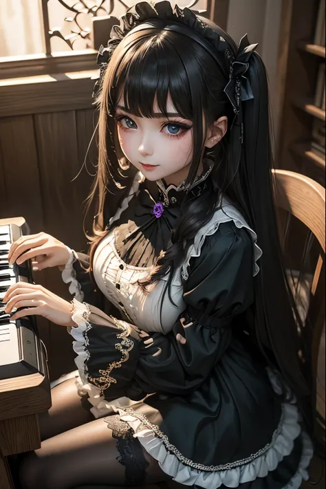 ハードな dark gothic メイク、Dark black eyeshadow、 sad、Good skin radiance、 dark gothic 、 dark smile 、palace、The beauty of fragrance、24 years old、 knee-high socks、 pantyhose、 the expression of masturbation、 play a synthesizer 、The synthesizer shines、 My pot is shin...