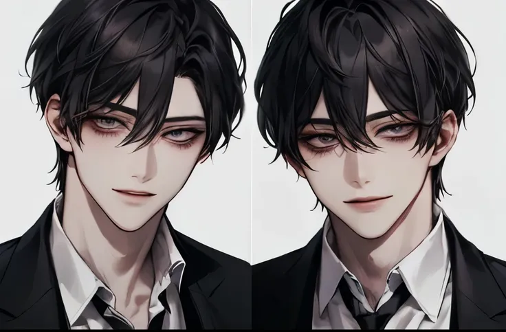 {male}、Dual personality、{ high image quality}、 Accurate Description 、 handsome、{ dark eyes}、Twisted Smile、 shirt