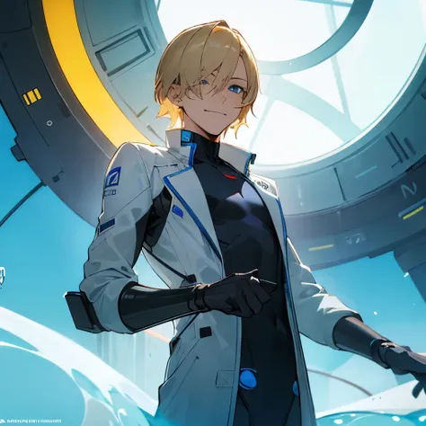 (( best quality swimsuit)), ((Art work)), ((detailed)), cientist boy, futuristic style, blonde hair, blue eyes, lab, high-tech clothing, smirking