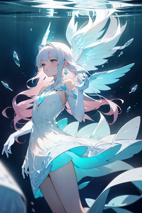 
“A highly detailed illustration of a graceful idol character inspired by the sea angel (clione). She has long, flowing platinum blonde hair with soft waves that reach her shoulder blades. The ends of her hair are delicately tinted with a gradient of pale ...