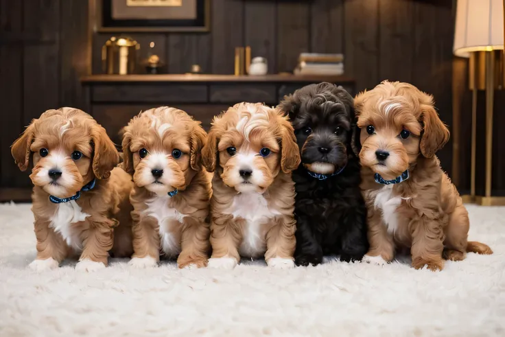 there are five small brown poodle puppy sitting on a white rug,  Bernardino Mei watercolor painting, Tumbler, baroque,  red eyes, puppy,  Adorable, cute  Adorable,  Cute Boy , Cuteness, 480 pages, 480 Po ,  Adorable appearance!!!, cute and  Adorable, Cutes...