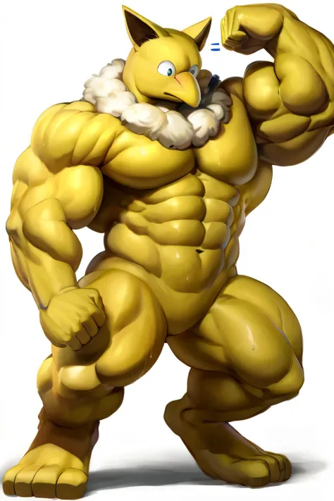 Furry, Anthro, solo, Hypno, Male, (((hyper muscular body, massive thighs, massive male pectorals, confused, fighting stance))), ((((fluffy white neck, massive biceps, sweaty)))), ((((((confused, wide-eyed, massive bulky torso)))))), naked, gold yellow skin...