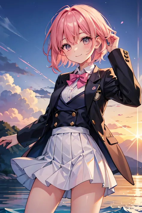 The surrounding area was filled with intense sparks of electrical discharge.

She is shooting blue beams horizontally forward from both her outstretched hands.

An anime-style girl has a smile on her face.

She has pink hair,straight short bob Hair, pink h...