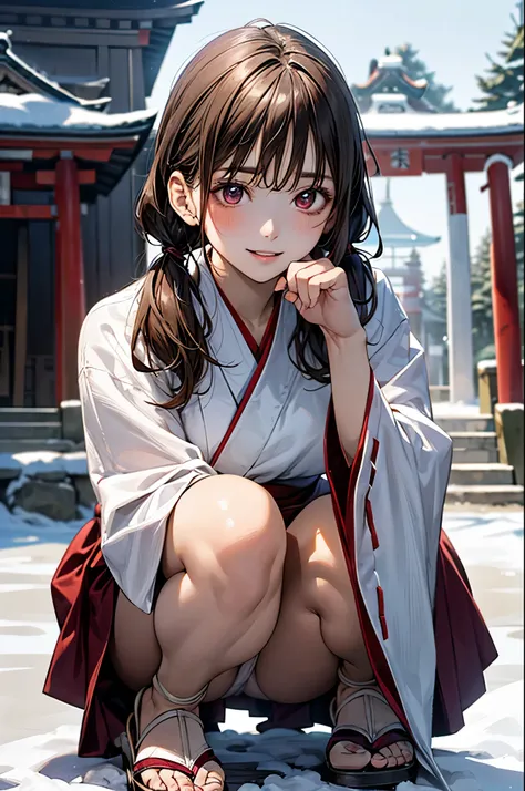 shrine maiden is squatting down and petting a puppy, 
(masterpiece:1.3, top-quality, ultra high res, ultra detailed), (realistic, photorealistic:1.3), beautiful illustration, perfect lighting, natural lighting, colorful, depth of fields, 2024s, nsfw, 
beau...