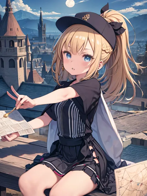 Orbans blond 、 blue eyes、 braiding、 ponytail、 One beautiful girl 、Alone、Anime、 checked miniskirt、 skirt has buttons、 camisole、 black t-shirt 、 dress、 put on a bow 、Ribbon on waist、Cape、 crystal glot 、Food、desert、 clouds swirling 、 slabs are piled up、 raise...