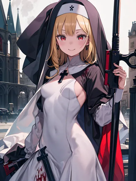 masterpiece、 top quality 、 high res、 very detailed、 girl 、 small breasts、 nun clothes 、Boneyard、 blondes、 red eyes、Veil、 wicked smile、 laughs、outside、church、  knight 、moon、(( holding a gun 、 bloody face 、bloody garment ))、 cross necklace、