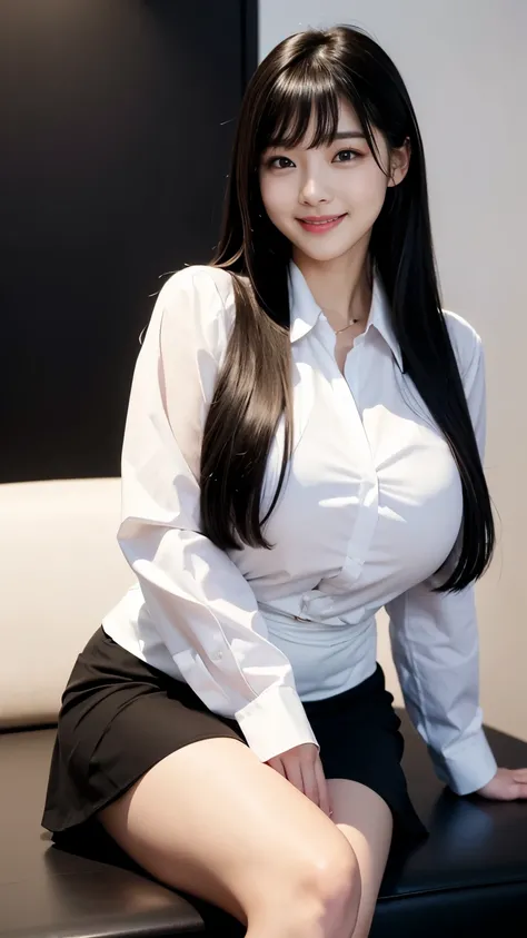 Beautiful smiling Korean woman wearing a white dress shirt and a black tight skirt, black hair, straight hair,Bobbed bangs,Big Breasts(99),Thighs,Plump legs