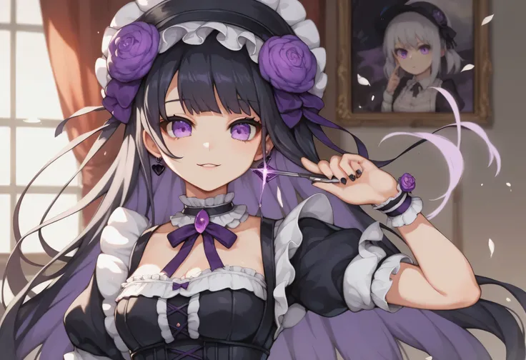 anime girl with purple eyes and dark hair wearing a black hat,  animated picture by Jin Homura ,  pixib,  what is it ？,  cute girl anime visual ,  gothic maid style anime girl ,   old anime goth lolita girl ,  BRIGHT PURPLE EYES , Light novel cover art,  y...