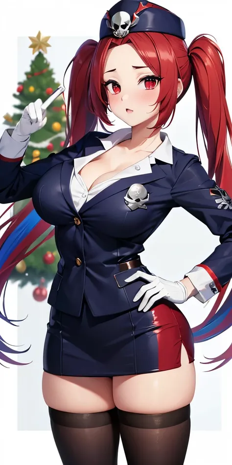 1 Female,High definition,high resolution,Ultra-realistic,8K, 1girl, solo, red hair, red eyes, twintails, employee uniform, pencil skirt, skull print, navy cap, fang, black legwear, white gloves, large breasts,European,sexy,Upper body close-up,Photographed ...