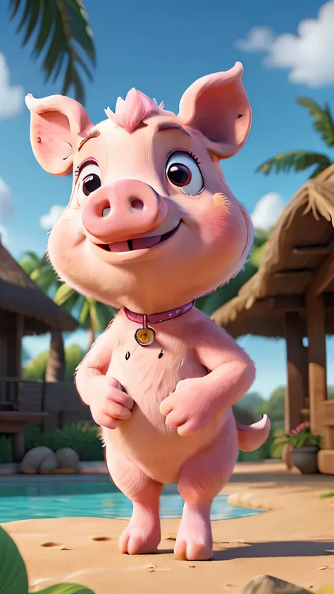 "A hyper-realistic 3D image with high definition and clarity, showing an adorable pink piglet standing upright, with a style inspired by Pixar and Disney. The piglet has a happy and excited expression, with large, bright eyes and slightly tilted ears while...