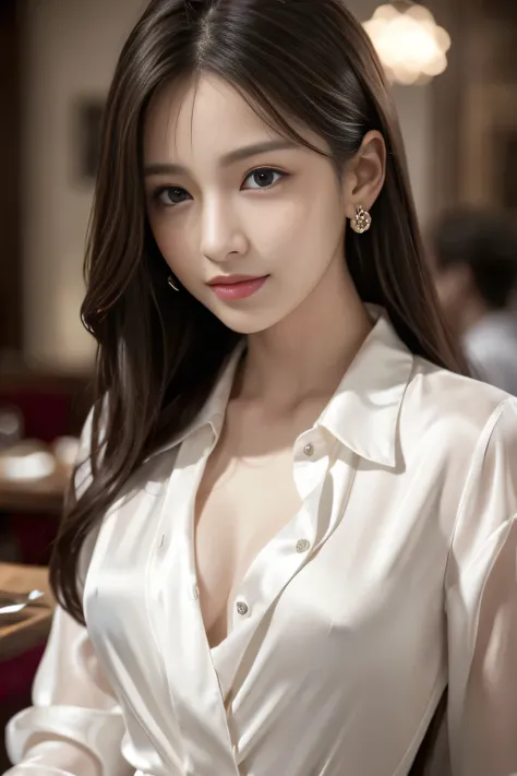 masterpiece、 top quality 、 real、 very detailed、 Subtle Details 、 high res、8K wallpaper、 beautiful women、Wearing a pearly white silk shirt、 at a great restaurant、night、 Light Brown Disheveled Hair、 perfect dynamic composition、 beautiful beautiful eyes、 big ...