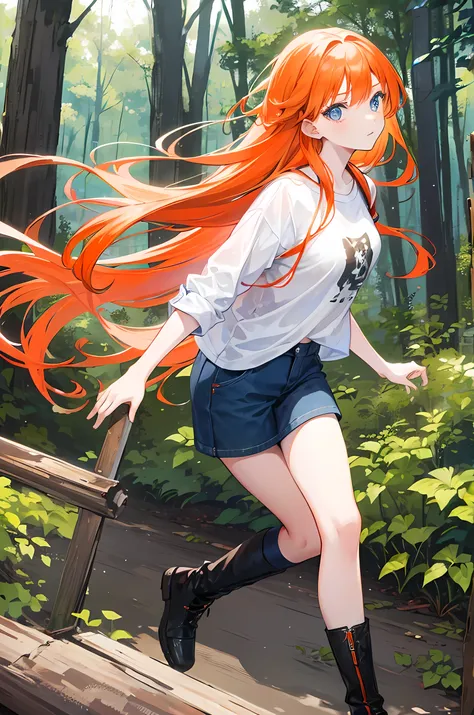  orange hair, blue eyes, long hair, young girl, forest background, modern style , casual clothes, an attack