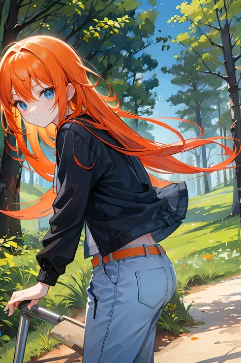  orange hair, blue eyes, long hair, young girl, forest background, modern style , casual clothes, an attack