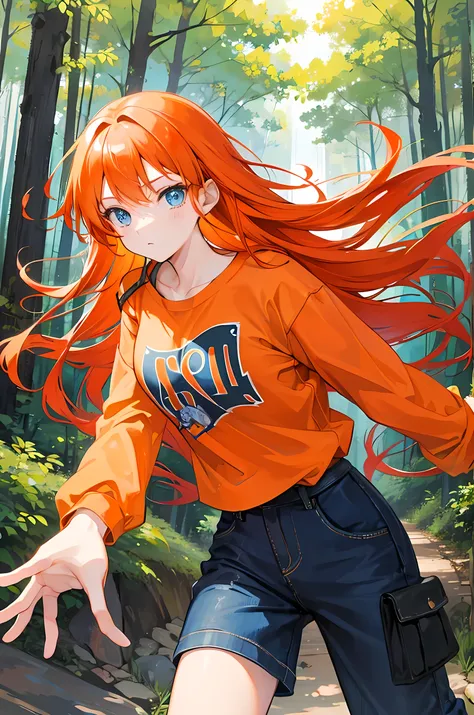  orange hair, blue eyes, long hair, young girl, forest background, modern style , casual clothes, an attack