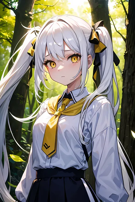 Young girl, long hair twintail, white hair, yellow eyes, scared face, cute girl, happy girl, twintail hair, background forest