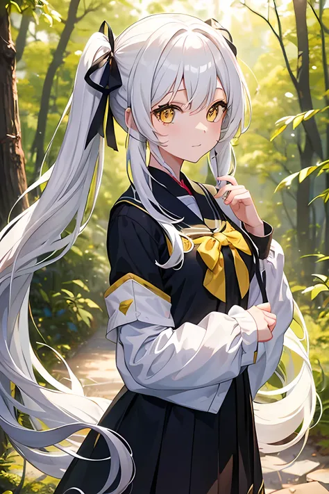 Young girl, long hair twintail, white hair, yellow eyes, not smile, cute girl, twintail hair, background forest