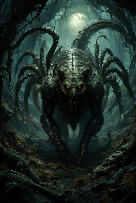 Here’s the prompt for the hybrid creature:
> "A hybrid creature combining a bear and a scorpion set in a dark, eerie forest. The creature has the muscular body and fur of a bear, with a scorpions sharp pincers as its front limbs and a long, venomous sti...